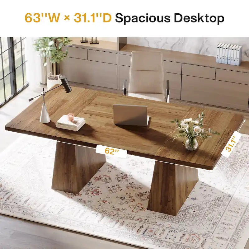 Grand bureau de direction de 160 cm avec finition grain de bois et piètement à caissons