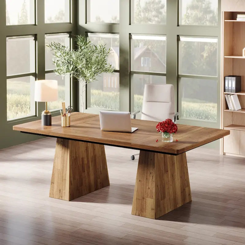 Grand bureau de direction de 160 cm avec finition grain de bois et piètement à caissons