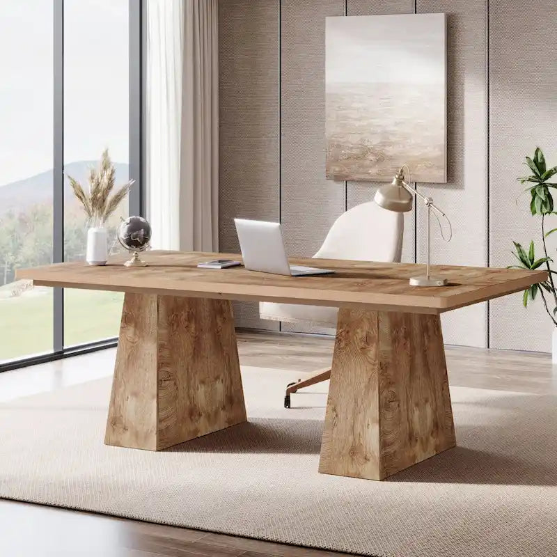 Grand bureau de direction de 160 cm avec finition grain de bois et piètement à caissons