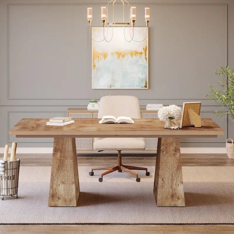 Grand bureau de direction de 160 cm avec finition grain de bois et piètement à caissons