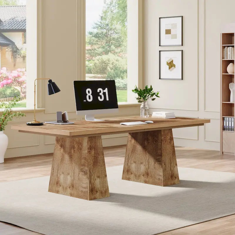 Grand bureau de direction de 160 cm avec finition grain de bois et piètement à caissons