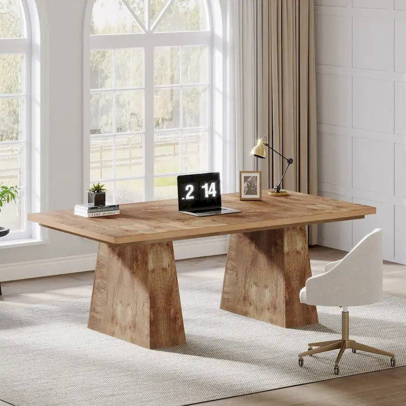 Grand bureau de direction de 160 cm avec finition grain de bois et piètement à caissons