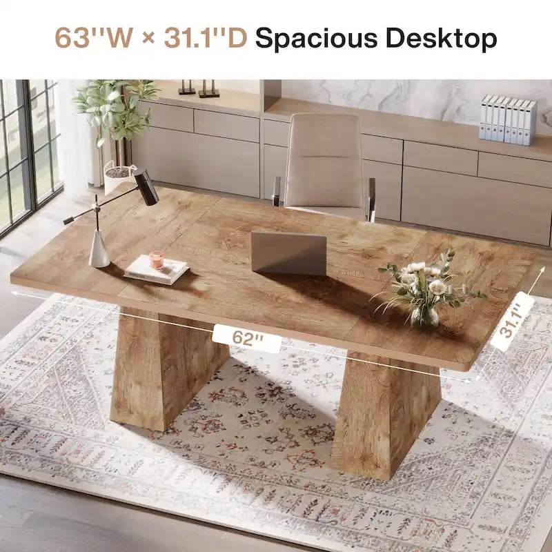Grand bureau de direction de 160 cm avec finition grain de bois et piètement à caissons