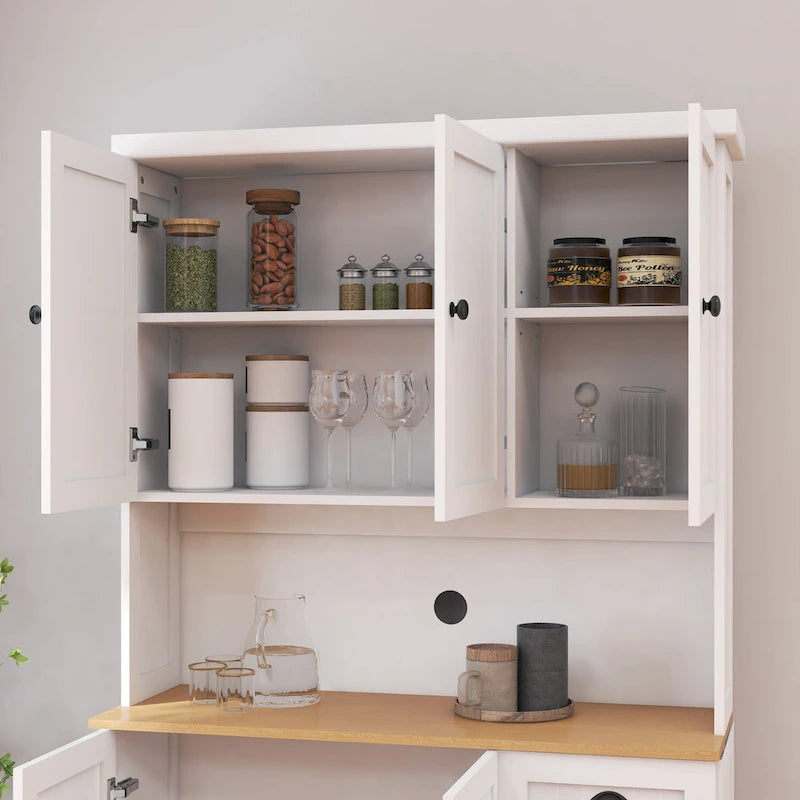 Étagère de cuisine de 180 cm avec espace pour micro-ondes, 6 portes, 1 tiroir et étagères réglables, Blanc