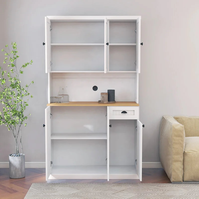 Étagère de cuisine de 180 cm avec espace pour micro-ondes, 6 portes, 1 tiroir et étagères réglables, Blanc