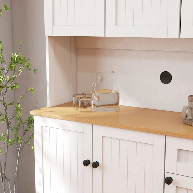Étagère de cuisine de 180 cm avec espace pour micro-ondes, 6 portes, 1 tiroir et étagères réglables, Blanc