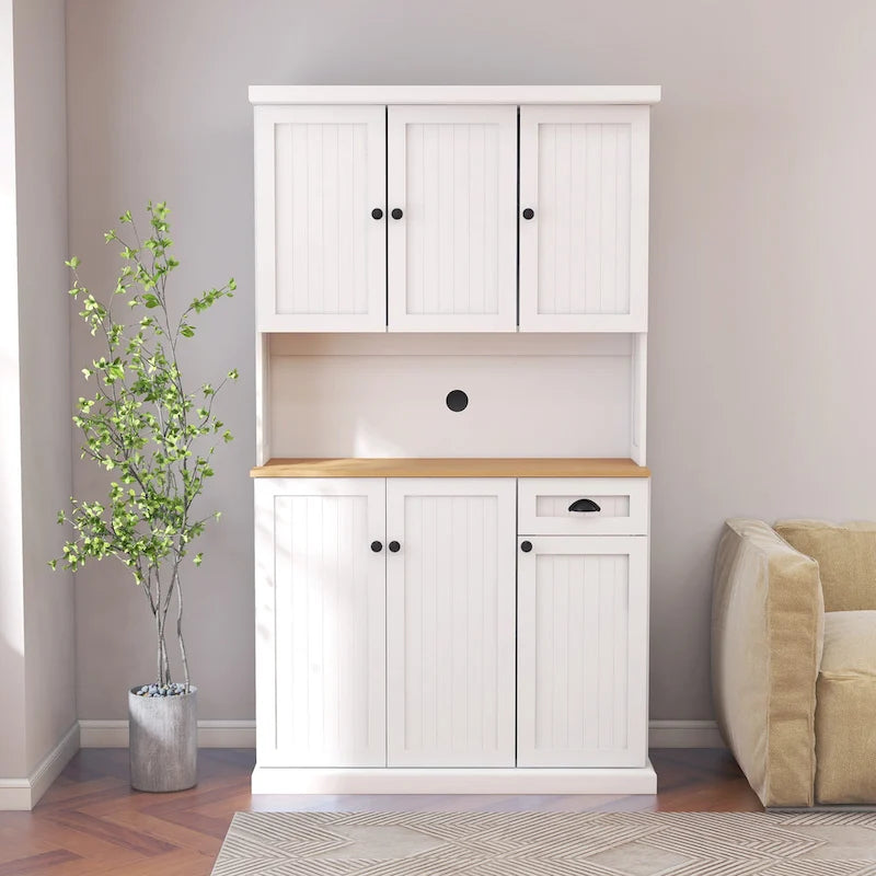 Étagère de cuisine de 180 cm avec espace pour micro-ondes, 6 portes, 1 tiroir et étagères réglables, Blanc