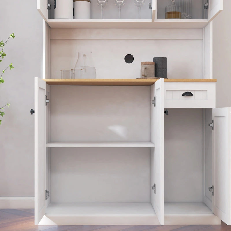 Étagère de cuisine de 180 cm avec espace pour micro-ondes, 6 portes, 1 tiroir et étagères réglables, Blanc