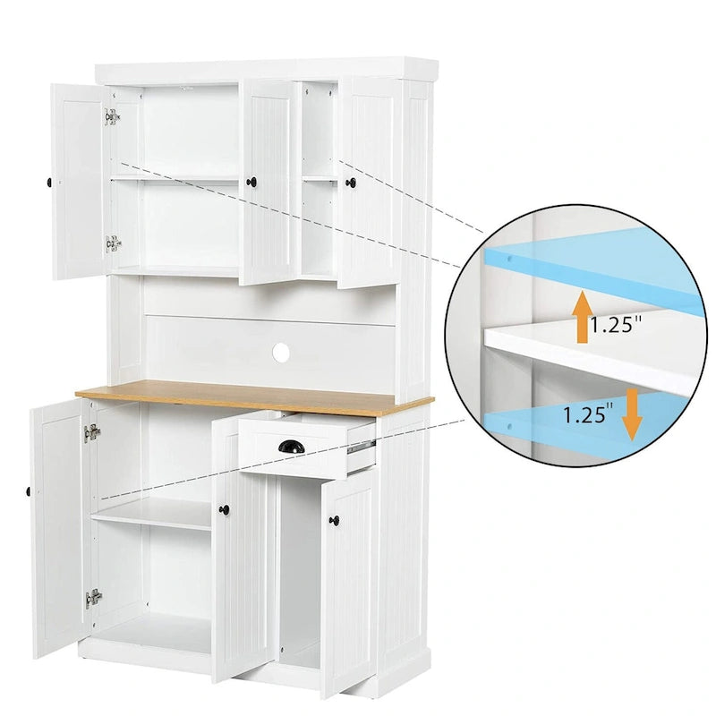 Étagère de cuisine de 180 cm avec espace pour micro-ondes, 6 portes, 1 tiroir et étagères réglables, Blanc