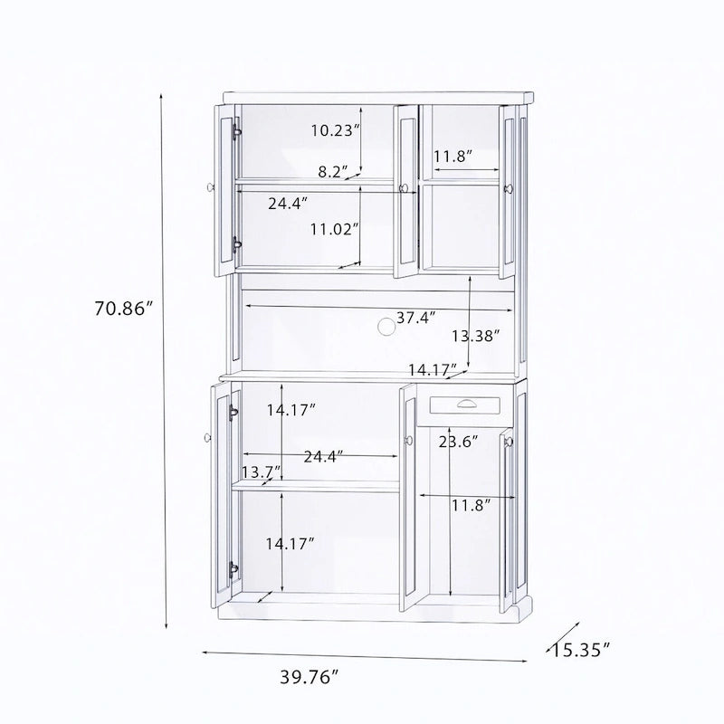 Étagère de cuisine de 180 cm avec espace pour micro-ondes, 6 portes, 1 tiroir et étagères réglables, Blanc