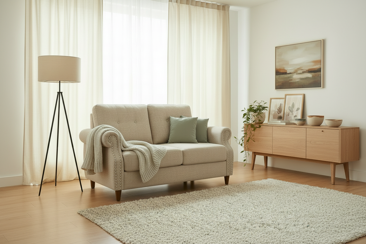 Further zoomed out side view of beige loveseat