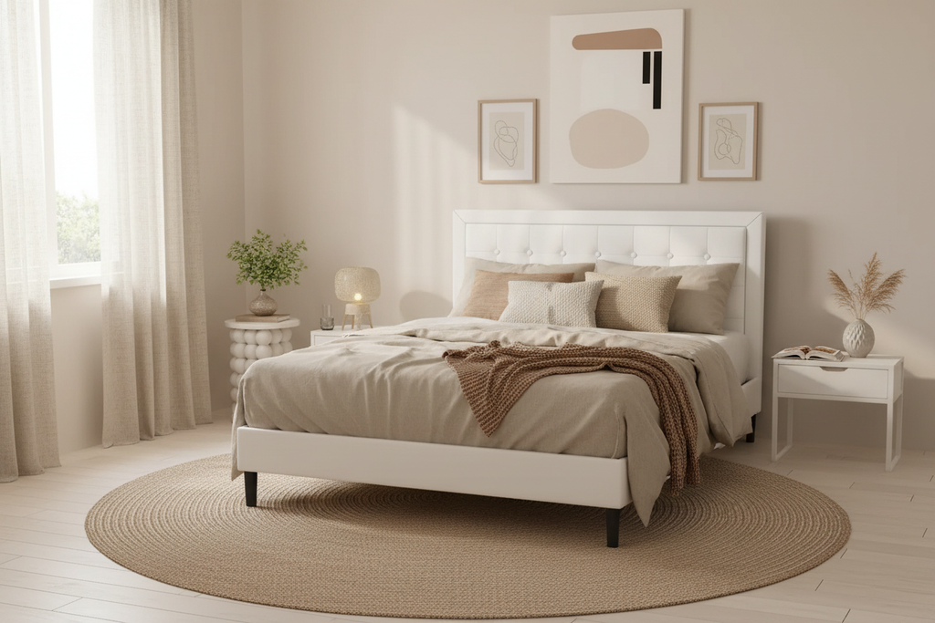 White Tufted Bed – Natural Bedroom Scene
