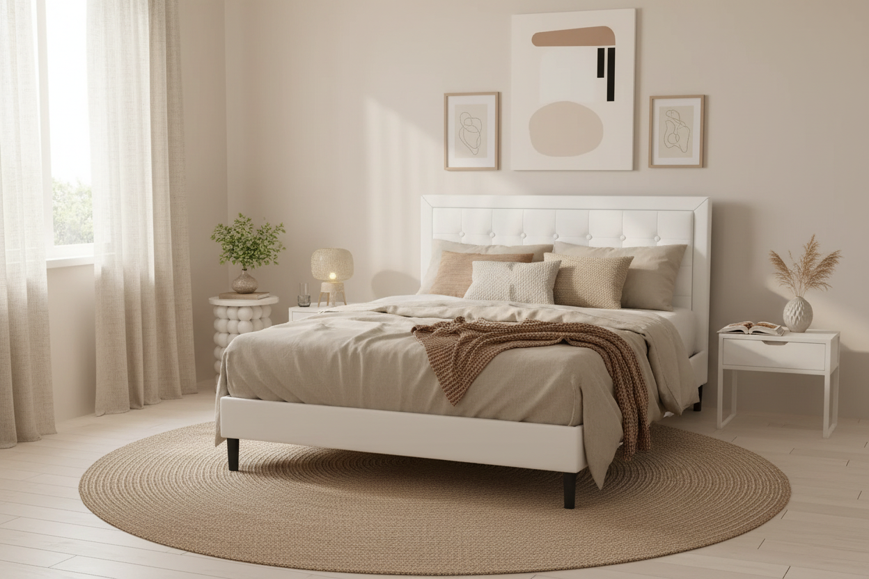 White Tufted Bed – Natural Bedroom Scene